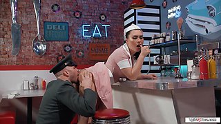 Tgirl waitress Ember Fiera ass fucking in diner