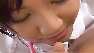 Asian nurse is sucking and titty fucking the cock