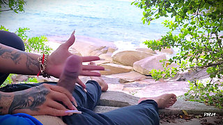 Handjob surprise ejaculation on the beach