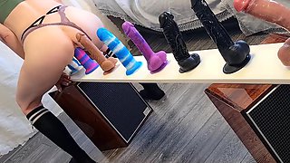 Sexy Plump-assed Babe Rides Different Dildos Put In a Row To Choose the Best One