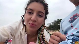 Katty West Helps Stranger Cum with Public Handjob & Blowjob on Beach - POV Close-Up!