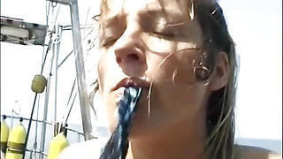 Sub girl lets her friend punish her on his boat