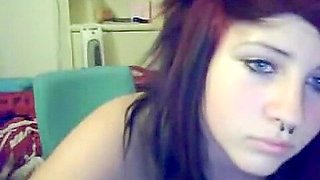 Big boobed emo stickam girl masturbates with a toy on the floor