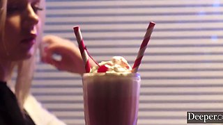 Skinny Redhead Waitress Has 3-some Fun With a Handsome Guy & His Cute Petite GF Right In the Cafe
