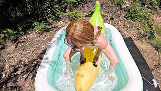 Petite Redhead Kat Humps Banana Float in Pool - Small Tits Grinding and Masturbating Orgasm