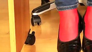 Red Nylon Feet in Black Shiny Heels - Dangling & Tease in Tight Jeans