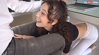 German secretary Lina Lynn gives her boss a sloppy blowjob under the desk