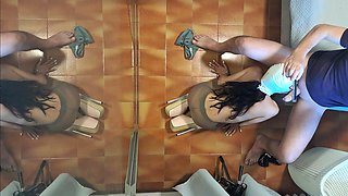 MILF in Pantyhose and High Heels Gives a Blowjob on Her Knees with Cum Swallowing
