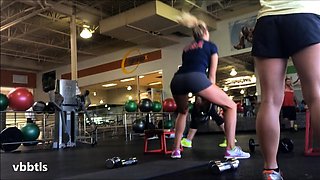 Voyeur finds a slender blonde with a fabulous ass in the gym