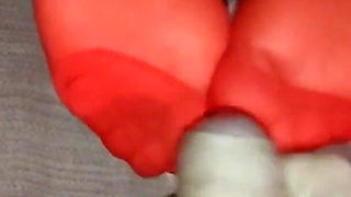 Cum on the nylon soles of a hot MILF
