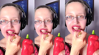 Asmr Paprika Pepper Eating - Asmr, Eye Glasses, Gianess, Lipstick, Big Lips, Mouth, Food, Face Fetish, Long Nails