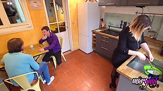 Hot Stepmom Gets Double Teamed by Stepson and His Boyfriend in Kitchen - Hardcore Threesome