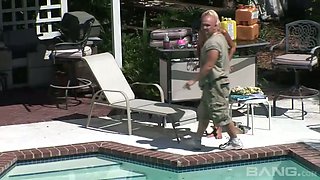 Kinky already tanned blonde bright lady shows off her booty by the pool