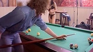 Brunette German doll sucks dick by the pool table