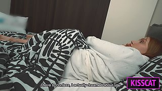 Taboo Fantasy Turns Real? Step Mom Helps Step Son in Share Bed with Hand, but Fills Pussy with Cum