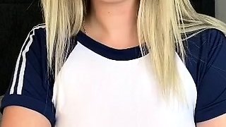 Vulva rubbing close up with blonde handling monster dildo