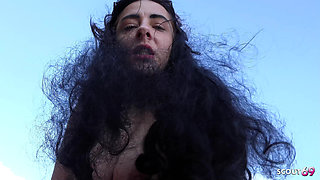 Curvy Black Hair Big Natural Saggy Tits Girl Pick up and Talk to Risky Beach Fuck
