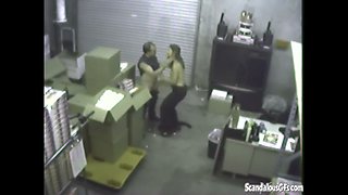 Couple blowjob in warehouse