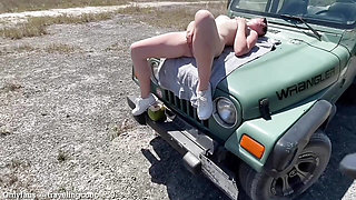 Horny teenage girl masturbates outside, masturbating on the hood of the Jeep, horny teen,