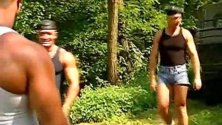Muscled hiker gets banged by three bodybuilders