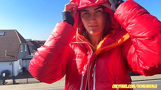 Going wild in a down jacket while flashing my natural tits in public