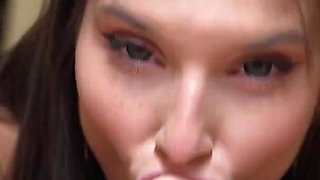 This Hot Petite Brunette Greedily Sucks Cock
