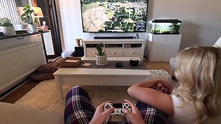 Cute teen Blonde in white socks and skirt interrupted my gaming with her wet pussy