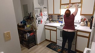 Housewife Cleans Kitchen with Buttcrack Exposed