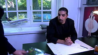 Horny babe collects cumshots from office to office