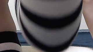 Cute Japanese Girl Working Out in Apartment with Thong Short Denim Shorts Wedgie Crotch and Tits Sticking Out of Mini T-shirt