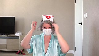 Curvy housewife in sexy nurse outfit gets ready for some role-playing fun
