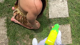 Hot Girl Visits Alien's House and Gets Fucked in the Garden by the Pool