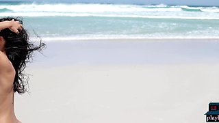 Petite Asian cougar model beach striptease