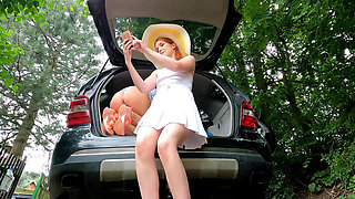 Two hot girl without panties load a car and take selfies