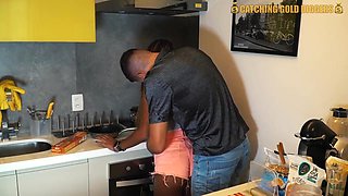 Scarcely barely legal, Mexican teenager is gargling manstick and getting pummeled in the kitchen, in the morning