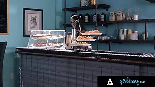 Girlsway - petite brunette energetically pounds her barista gf Hazel Moore while she's working