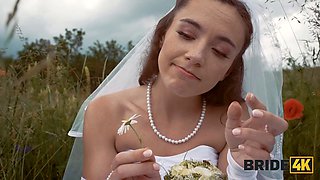 BRIDE4K. Pretty brunette bride fucks a horny shepherd in a summer field