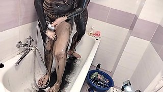 Amateur Couple Takes a Bath, Wife with Hairy Pussy, Big Ass, Big Tits.