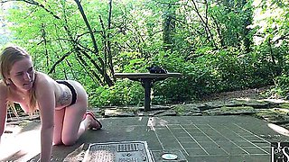 Lacy takes a stoll, sucks cock, and does a cumwalk in the forest