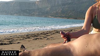 Beach Handjob: Beauty in Bikini Makes Him Get a Huge Cumshot at the Beach
