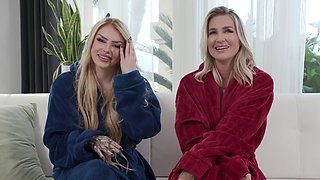 The backstage of the porn set with two hot blondes