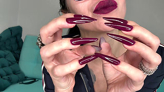Dark Purple Long Nails, Claws, Long Flexible Fingers and Dark Lipstick