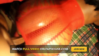 Black girl with red fishnet outfit sucks good dick