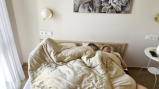 Morning Cuckold, Fucking MILF Blonde in Bed Wife Beside