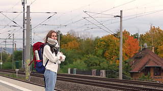 sweet girl with puffy nipples showing her breasts and pussy in public