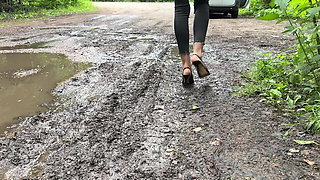 Black Classic Stiletto High Heels with No Back, 12 Cm Heels on Me and in the Forest, Deep in the Grass, on the Road