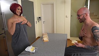 Redhead Elena Xacti with big boobs and hot ass sucking a dick