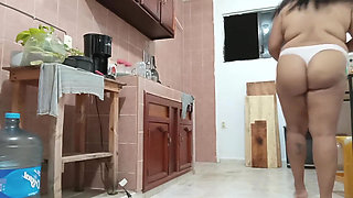 Mommy BBW in the Kitchen Shows Tits and Thong