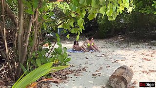 Public Pickup Stepmom and Stepdaughter on Beach - Risky Shaft Flashing Cum on Face