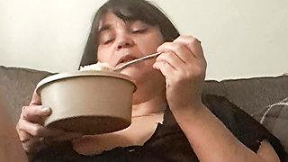 Stepmother having lunch and stepson asks to see more of what he likes about her